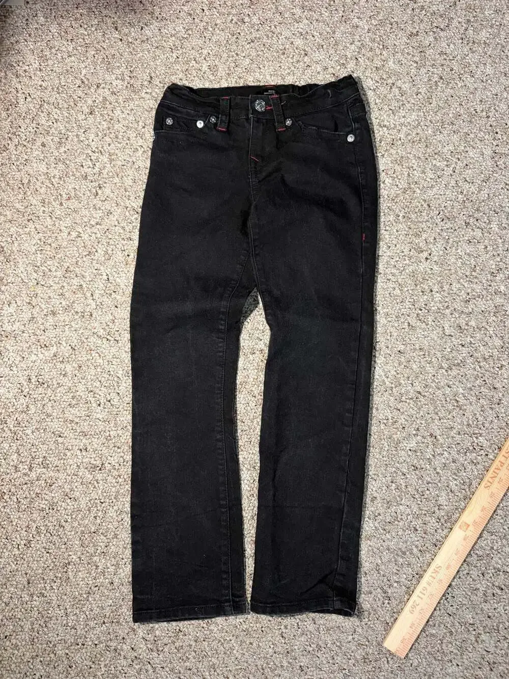 True Religion Boys Ricky Relaxed Straight Big T Black Jeans Red Stitching Size10